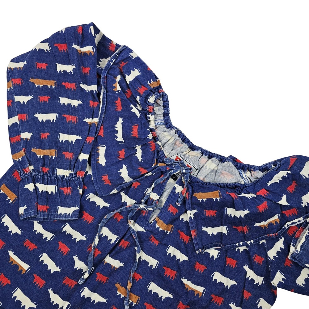 Vintage Rancho Deluxe RD Women's S Blouse Top Cattle Print Tie Front LS USA VTG‎